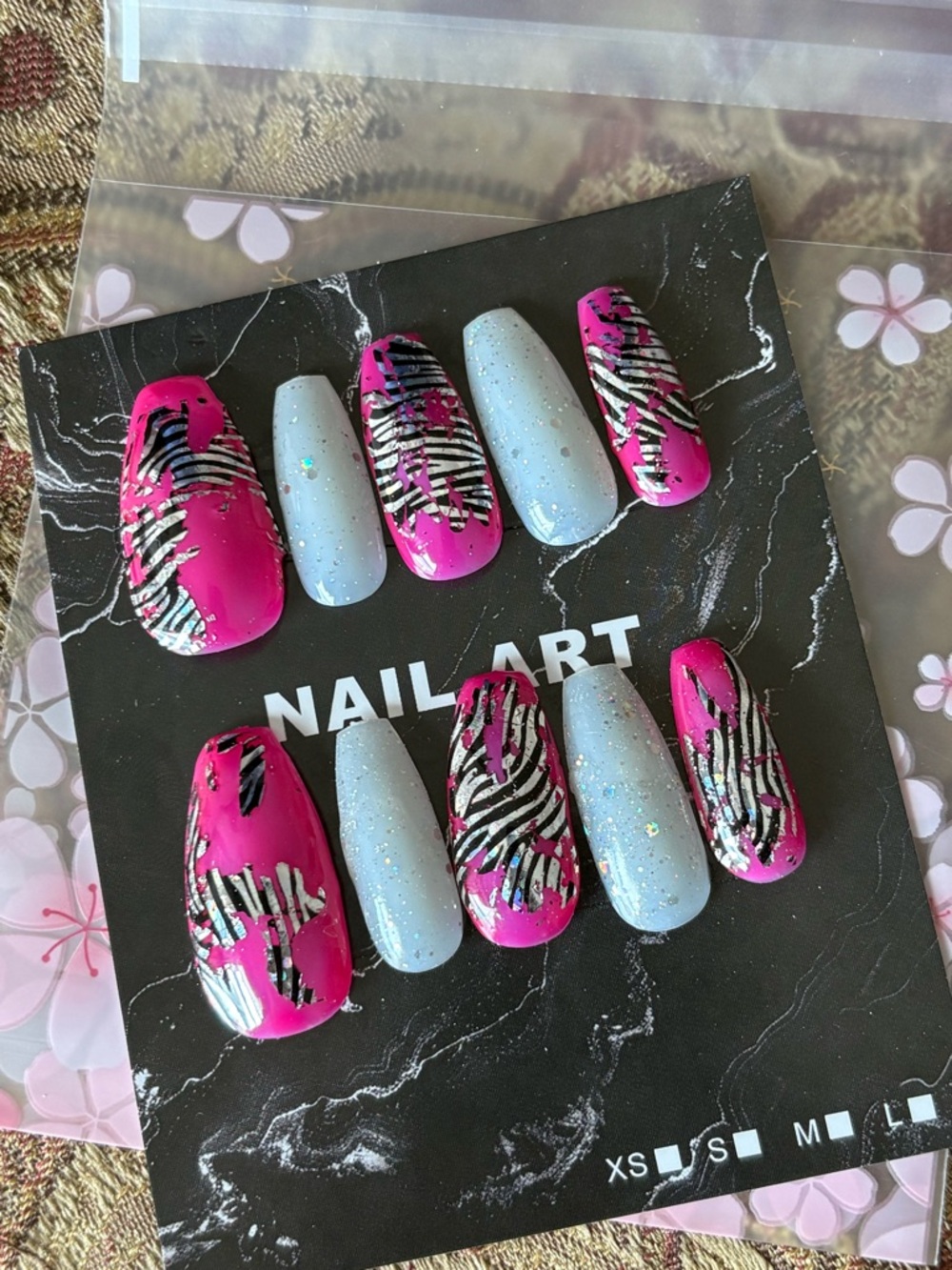Hot Pink Zebra Glitter Press-On Nails